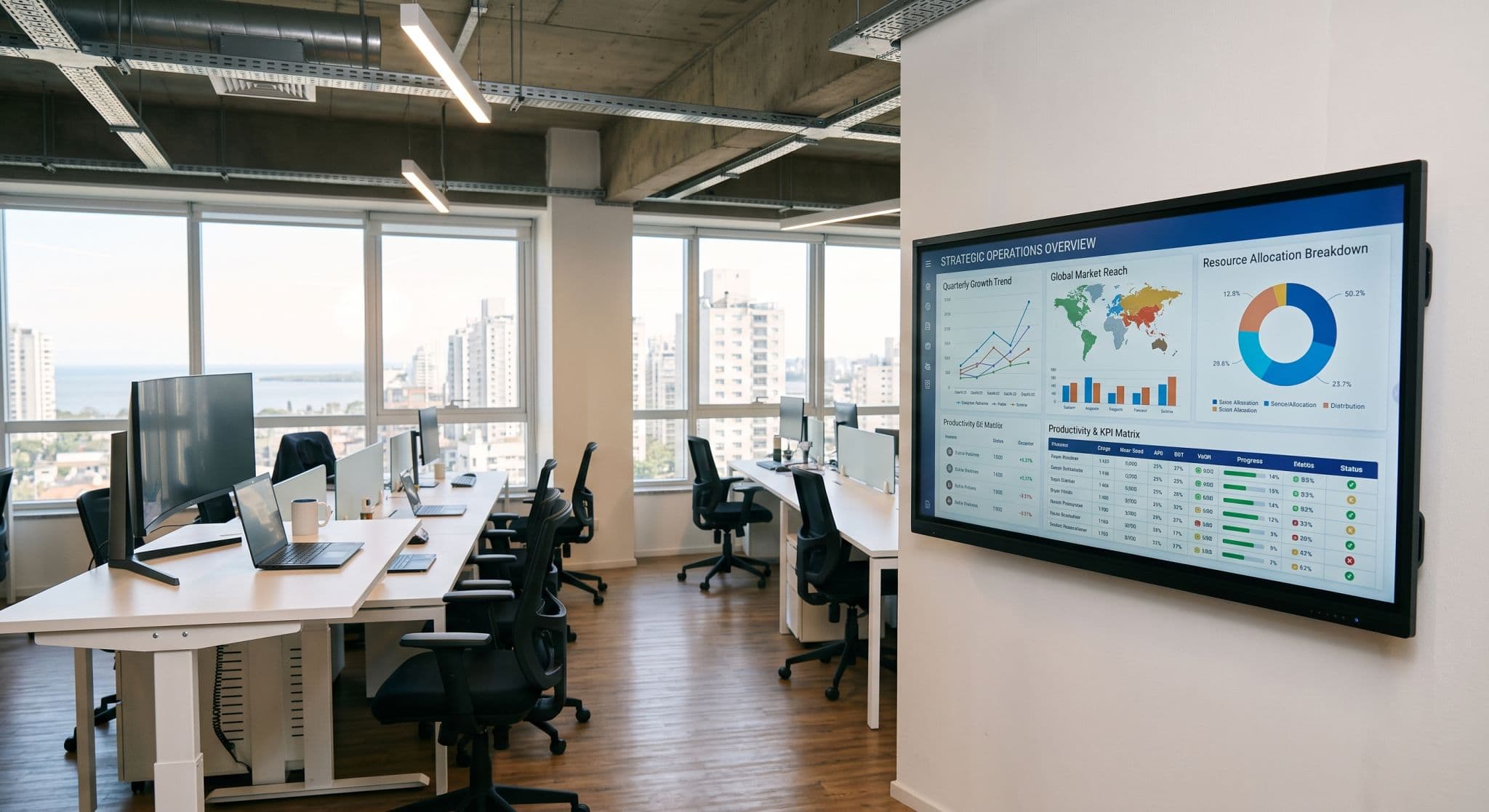 Oficina con puestos de trabajo y una pantalla de operaciones comerciales.